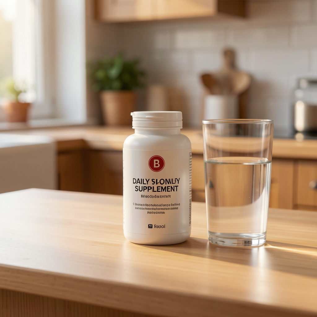 B Complex Max daily supplement on a warm clean kitchen surface with a glass of water