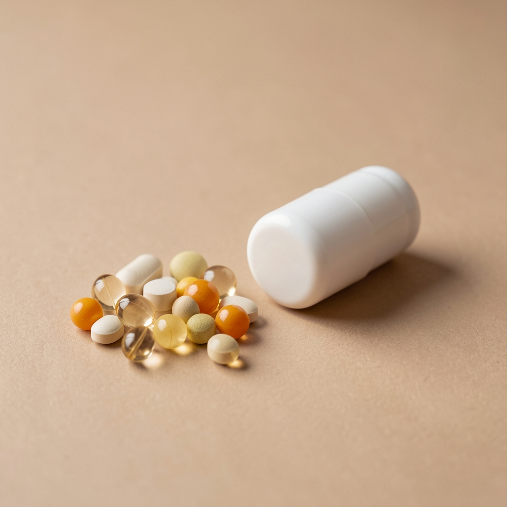 Measured B vitamin ingredients arranged beside a white capsule on a warm neutral surface