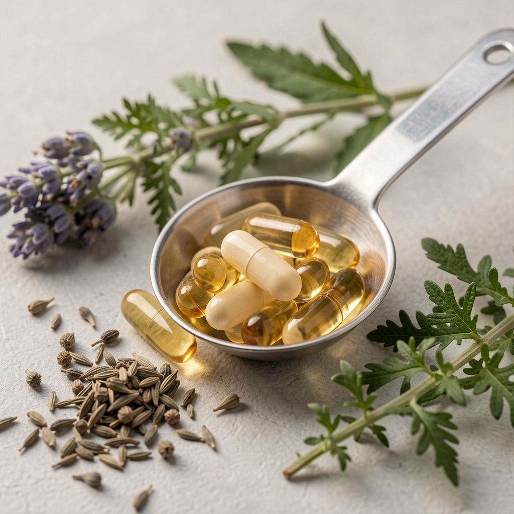 Close-up of B Complex Max capsule ingredients with a small measuring spoon and botanical detail