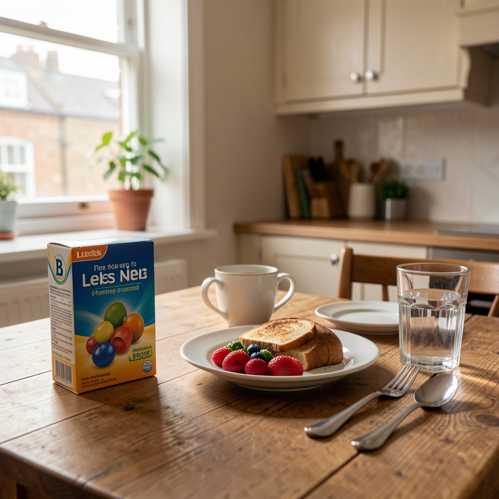 Morning routine in a Leeds home with B Complex Max capsule pack beside breakfast and water
